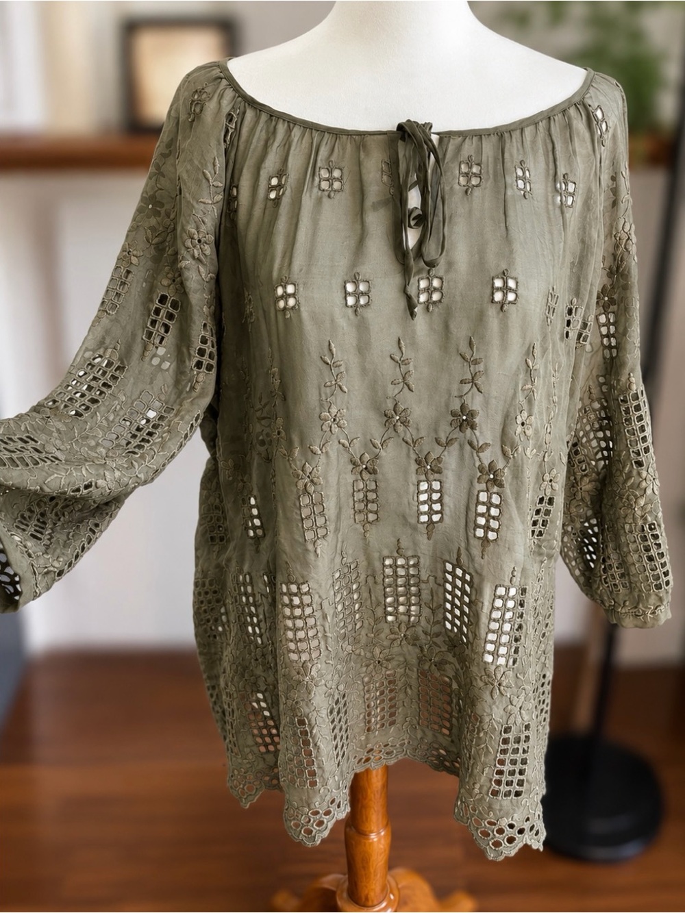 Love and Liberty Olive Embroidered Eyelet Peasant Blouse Boho Top